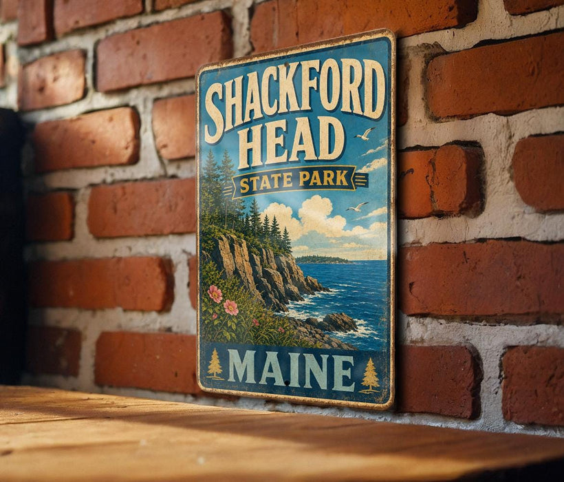 A vintage metal sign for Shackford Head State Park in Maine, featuring a scenic coastal landscape with rocky cliffs, trees, and a body of water.