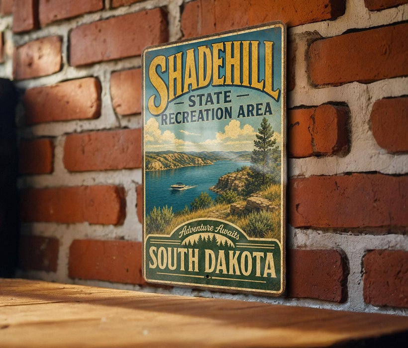 A vintage metal sign for Shadehill State Recreation Area in South Dakota, featuring a scenic landscape with a lake and mountains.