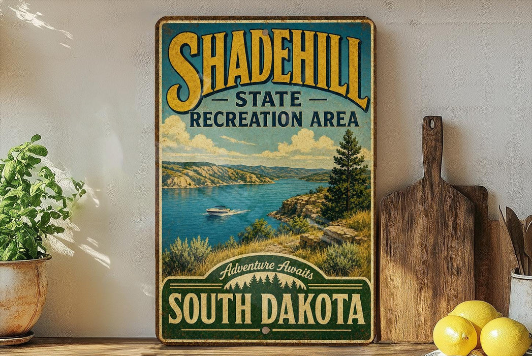 A vintage-style metal sign for the Shadehill State Recreation Area in South Dakota, featuring a scenic landscape with a lake and mountains.