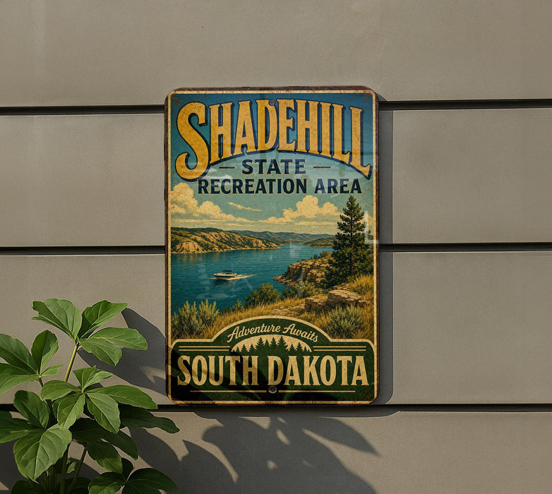 A vintage-style metal sign for the Shadehill State Recreation Area in South Dakota, featuring a scenic landscape with a lake, mountains, and a boat.