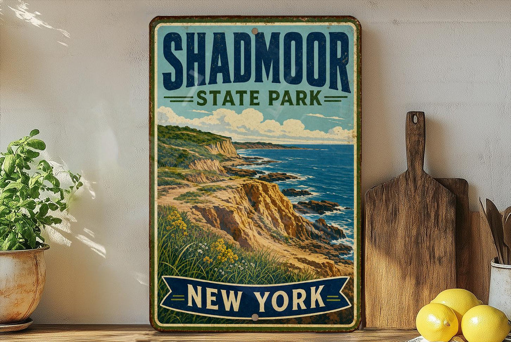 A vintage-style metal sign for Shadmoor State Park in New York, featuring a scenic coastal landscape with cliffs and the ocean.