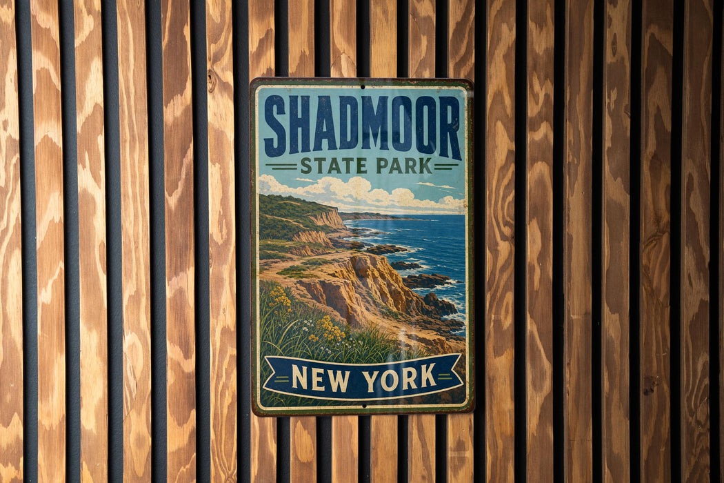 A vintage metal sign for Shadd Moor State Park in New York, featuring a scenic coastal landscape with cliffs and the ocean.