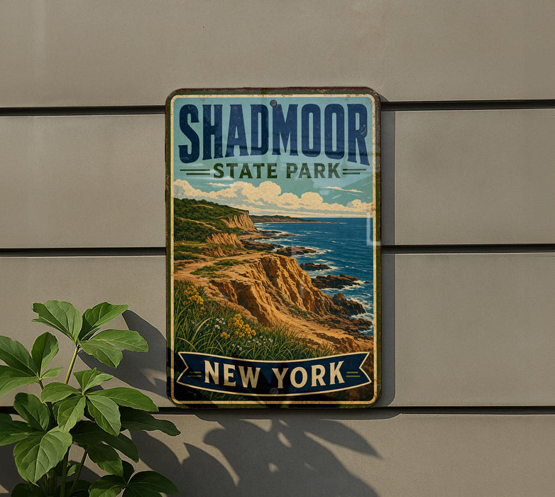 A vintage-style metal sign for Shadd Moor State Park in New York, featuring a scenic coastal landscape with cliffs and the ocean.