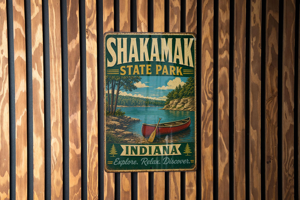 A vintage-style metal sign for Shakamak State Park in Indiana, featuring a canoe and a scenic landscape.