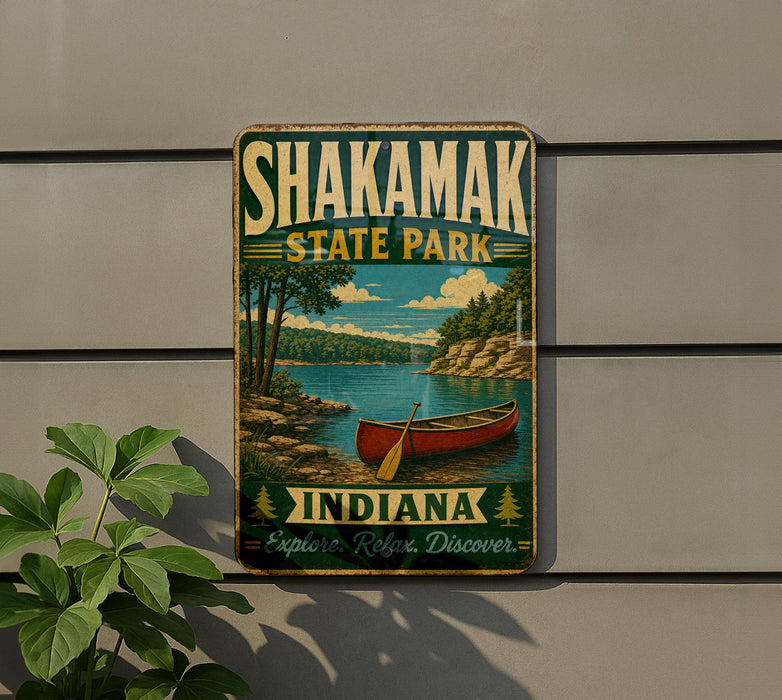 A vintage-style metal sign for Shakamak State Park in Indiana, featuring a canoe on a lake and a scenic landscape.