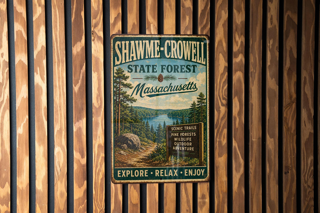 A vintage metal sign for Shawme-Crowell State Forest in Massachusetts, featuring a scenic image of a forest and a lake.