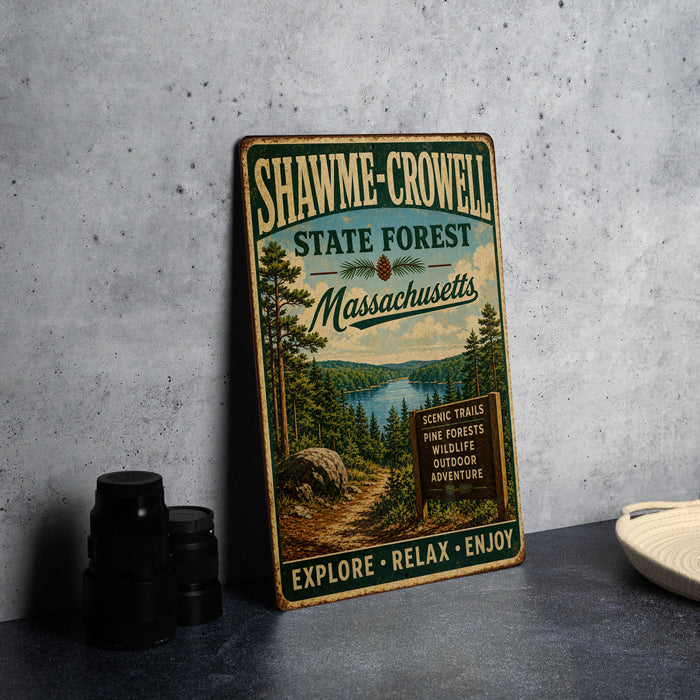 A vintage metal sign for Shawme-Crowell State Forest in Massachusetts, featuring a scenic image of pine trees and a lake.