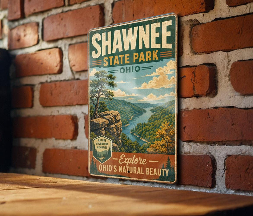 A vintage-style metal sign for Shawnee State Park, Ohio, featuring a scenic landscape with a river and mountains.