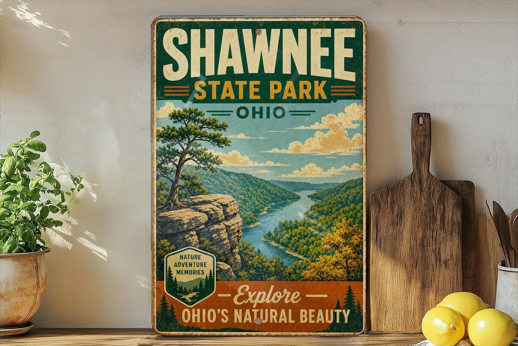 A vintage-style sign for Shawnee State Park, Ohio, featuring a scenic landscape with a river, mountains, and trees.
