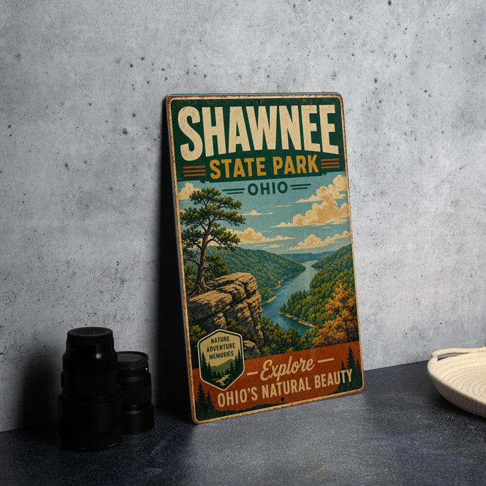 A vintage-style metal sign for Shawnee State Park, Ohio, featuring a scenic landscape with a river, mountains, and a tree.