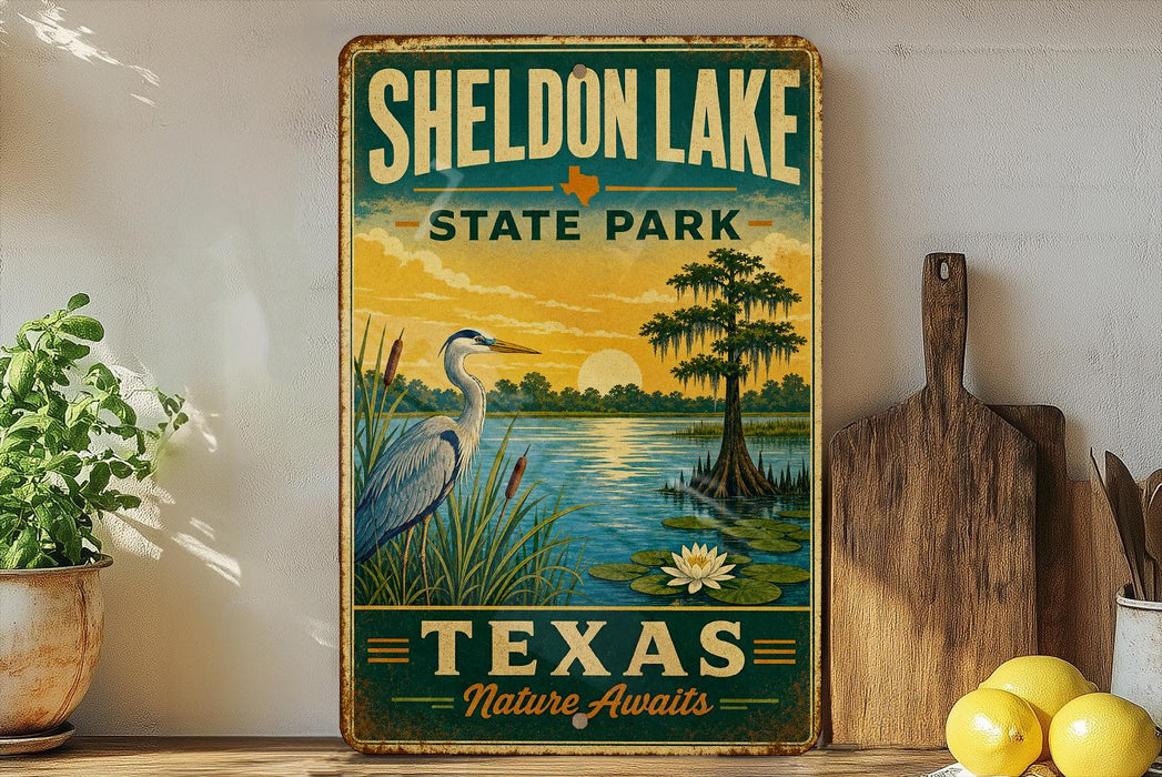 A vintage-style sign for Sheldon Lake State Park in Texas, featuring a scenic illustration of a heron, a pond, and a sunset over the lake.