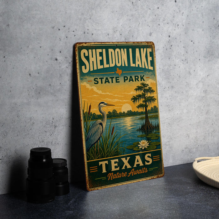 A vintage-style sign for Sheldon Lake State Park in Texas, featuring a scenic illustration of the park's natural surroundings.