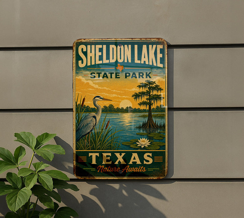 A vintage-style sign for Sheldon Lake State Park in Texas, featuring a scenic illustration of a lake, a bird, and a sunset.