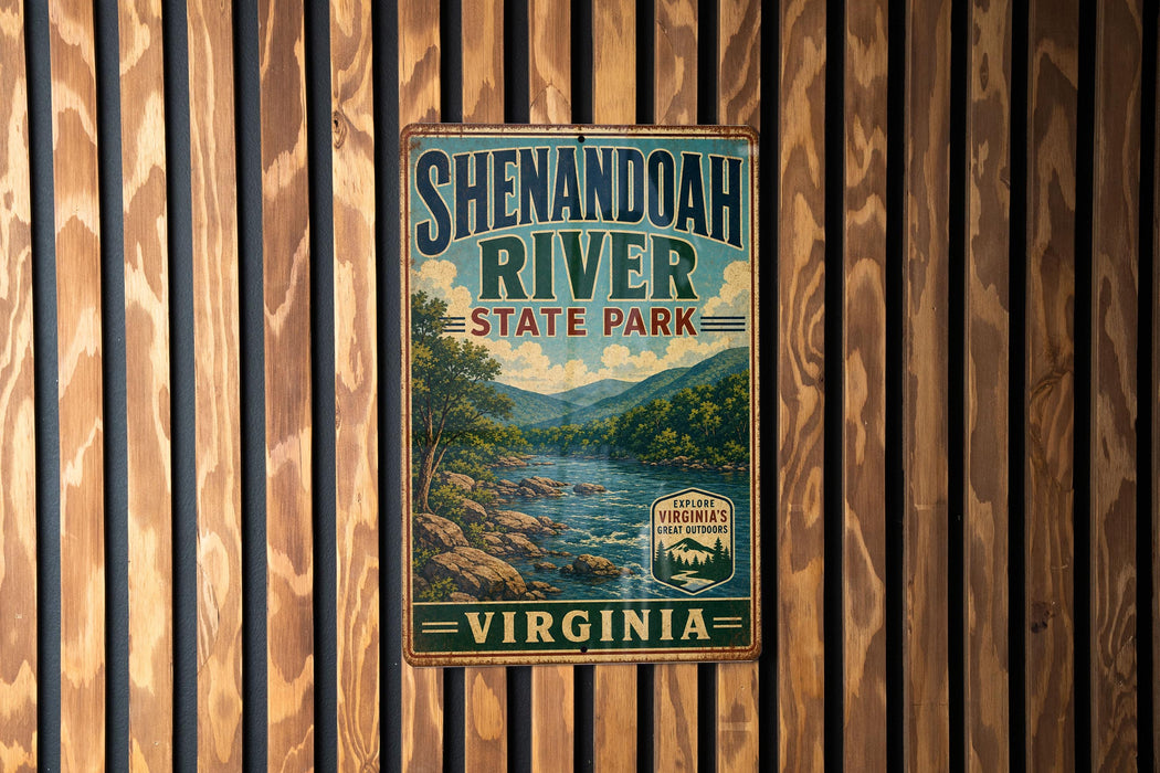 A vintage-style metal sign for Shenandoah River State Park in Virginia, featuring a scenic landscape with a river and mountains.