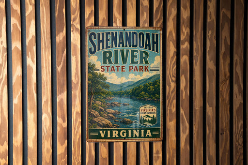 A vintage-style metal sign for Shenandoah River State Park in Virginia, featuring a scenic landscape with a river and mountains.