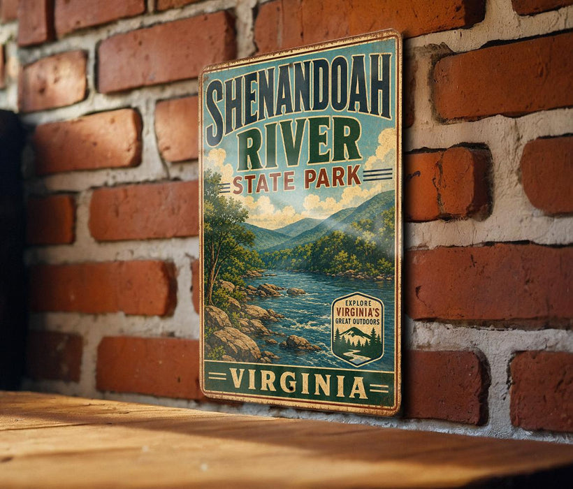 A vintage-style metal sign for Shenandoah River State Park in Virginia, featuring a scenic illustration of the river and mountains.