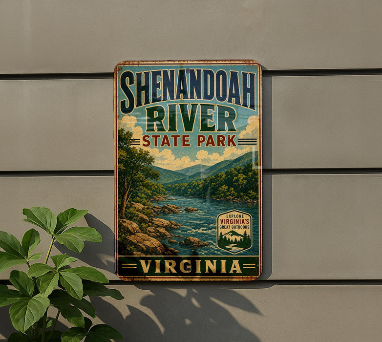A vintage-style sign for Shenandoah River State Park in Virginia, featuring a scenic landscape with mountains, trees, and a river.