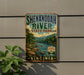 A vintage-style sign for Shenandoah River State Park in Virginia, featuring a scenic landscape with mountains, trees, and a river.