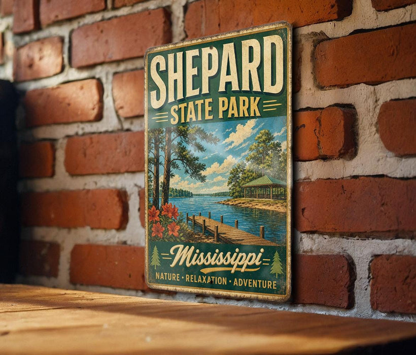 A vintage metal sign for Sheppard State Park in Mississippi, featuring a scenic landscape with a lake, dock, and trees.