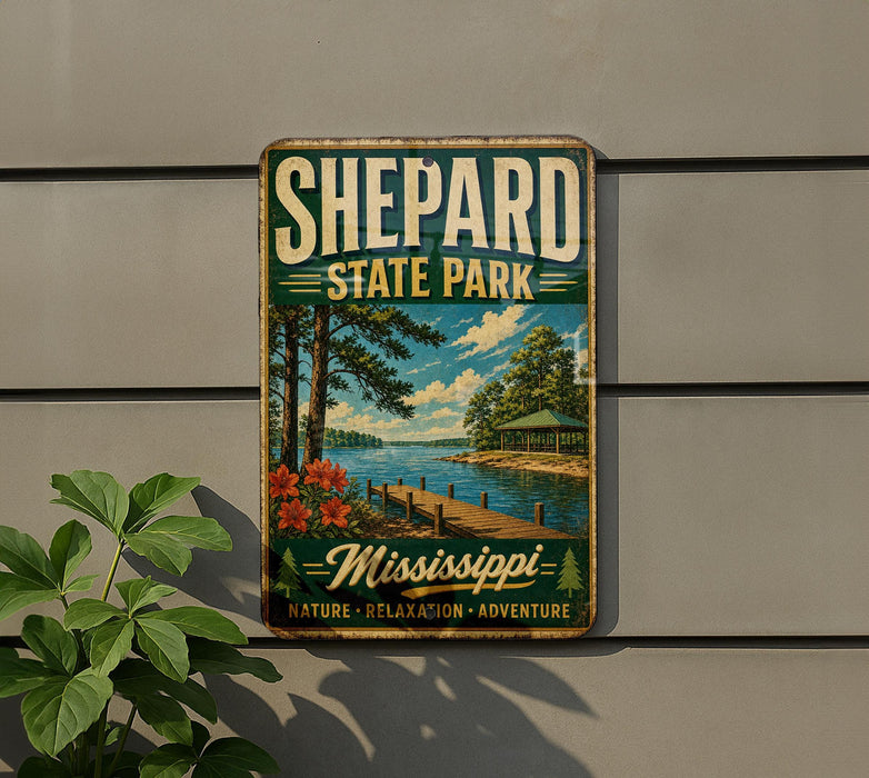 A vintage-style metal sign for Shepard State Park in Mississippi, featuring a scenic landscape with a dock, trees, and a lake.