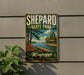 A vintage-style metal sign for Shepard State Park in Mississippi, featuring a scenic landscape with a dock, trees, and a lake.