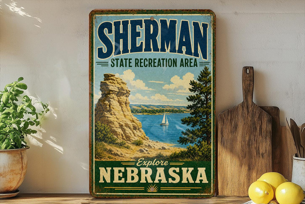 A vintage-style sign for Sherman State Recreation Area in Nebraska, featuring a scenic landscape with a rocky cliff, a lake, and a sailboat.