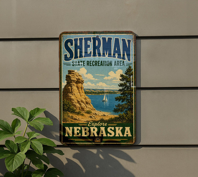 A vintage-style metal sign for Sherman State Recreation Area in Nebraska, featuring a scenic landscape with a rocky outcrop, a sailboat, and a body of water.