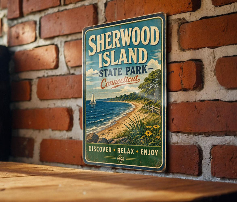 A vintage-style sign for Sherwood Island State Park in Connecticut, featuring a scenic beach and ocean view.