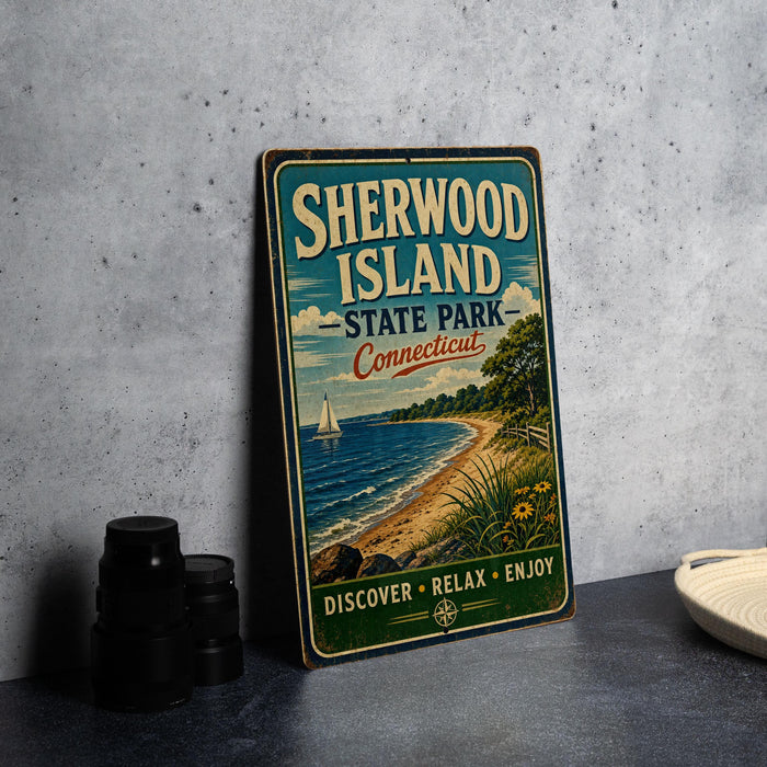 A vintage-style sign for Sherwood Island State Park in Connecticut, featuring a scenic beach and sailboat illustration.