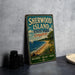 A vintage-style sign for Sherwood Island State Park in Connecticut, featuring a scenic beach and sailboat illustration.