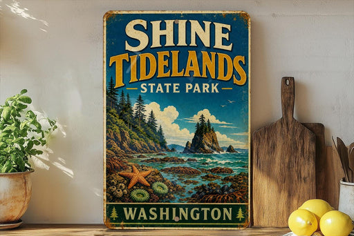 A vintage-style sign for Shine Tidelands State Park in Washington, featuring a scenic landscape with a rocky coastline, pine trees, and a starfish.