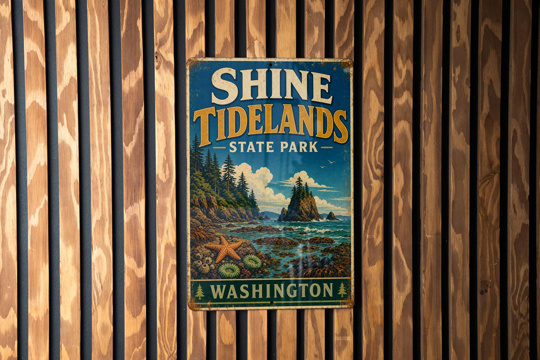 A vintage-style sign for Shine Tidelands State Park in Washington, featuring a scenic landscape with a rocky island, pine trees, and a body of water.