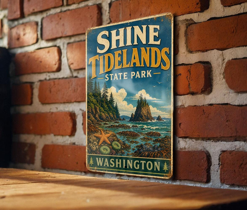 A vintage-style sign for Shine Tidelands State Park in Washington, featuring a scenic landscape with mountains, forests, and a rocky coastline.