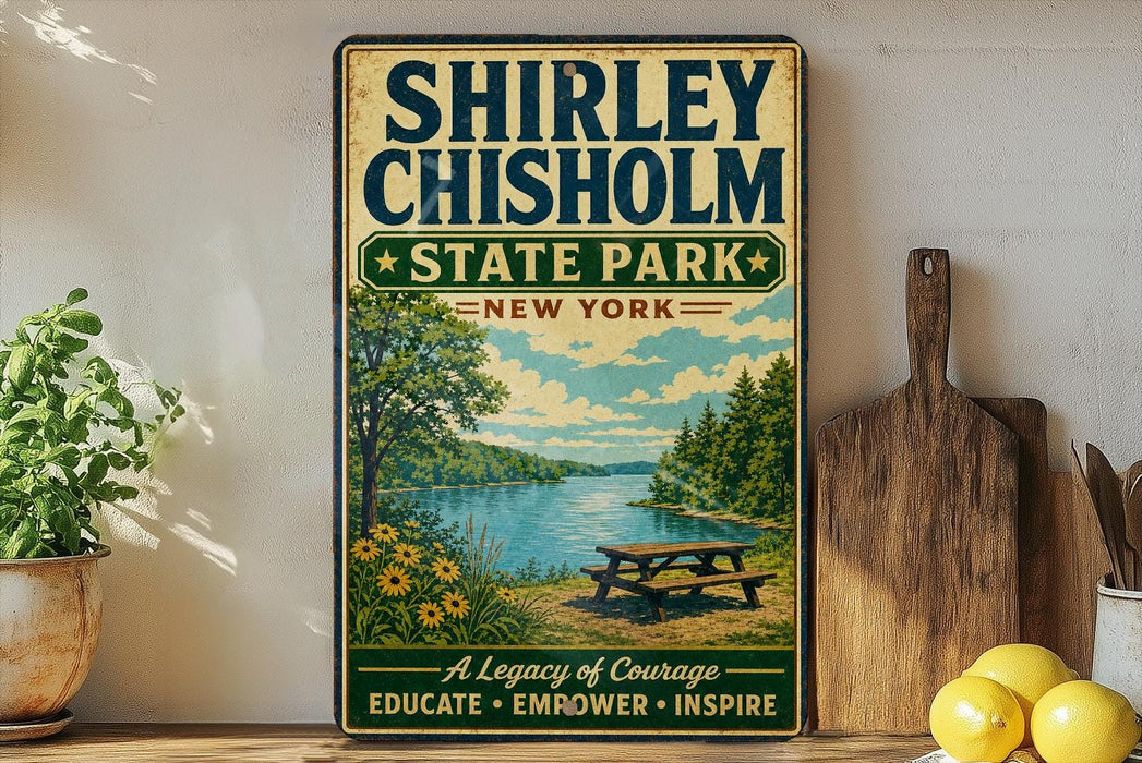 A vintage-style sign for Shirley Chisholm State Park in New York, featuring a scenic image of a lake and forest.