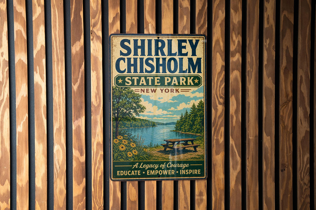 A vintage-style metal sign for Shirley Chisholm State Park in New York, featuring a scenic landscape with a lake, trees, and a picnic table.