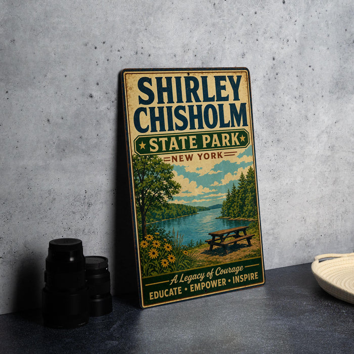 A vintage-style metal sign for Shirley Chisholm State Park in New York, featuring a scenic landscape with a picnic table and a lake.
