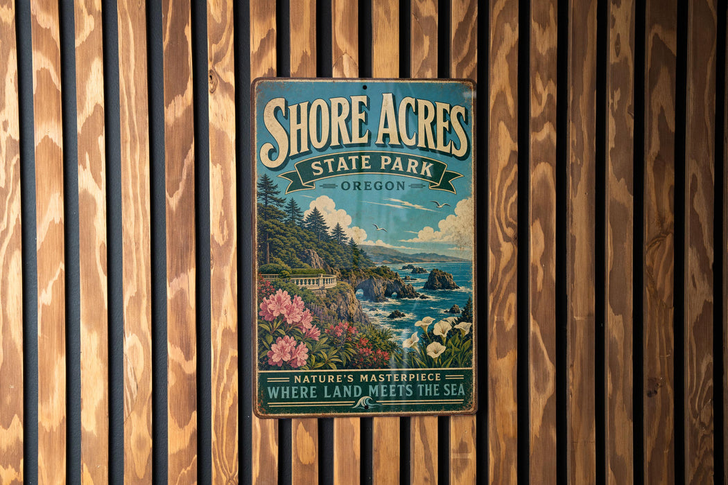 A vintage metal sign for Shore Acres State Park in Oregon, featuring a scenic landscape with mountains, cliffs, and a body of water.