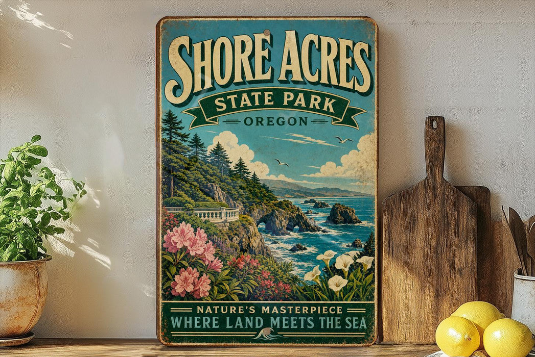 A vintage-style sign for Shore Acres State Park in Oregon, featuring a scenic coastal landscape with cliffs, trees, and a body of water.