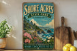 A vintage-style sign for Shore Acres State Park in Oregon, featuring a scenic coastal landscape with cliffs, trees, and a body of water.