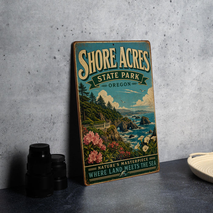 A vintage-style sign for Shore Acres State Park in Oregon, featuring a scenic landscape with mountains, cliffs, and a body of water.