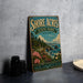 A vintage-style sign for Shore Acres State Park in Oregon, featuring a scenic landscape with mountains, cliffs, and a body of water.