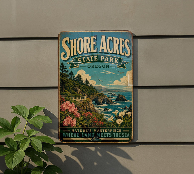 A vintage-style metal sign for Shore Acres State Park in Oregon, featuring a scenic coastal landscape with cliffs, trees, and flowers.