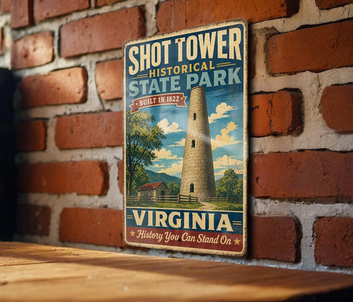 A vintage-style metal sign for Shot Tower State Park in Virginia, featuring a tall tower and a rural landscape.