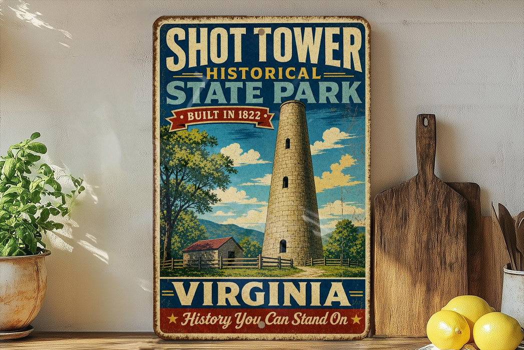 A vintage-style sign for Shot Tower State Park in Virginia, featuring a tall tower surrounded by trees and a house, with the text "SHOT TOWER HISTORICAL STATE PARK BUILT IN 1822 VIRGINIA" and "History You Can Stand On" displayed prominently.