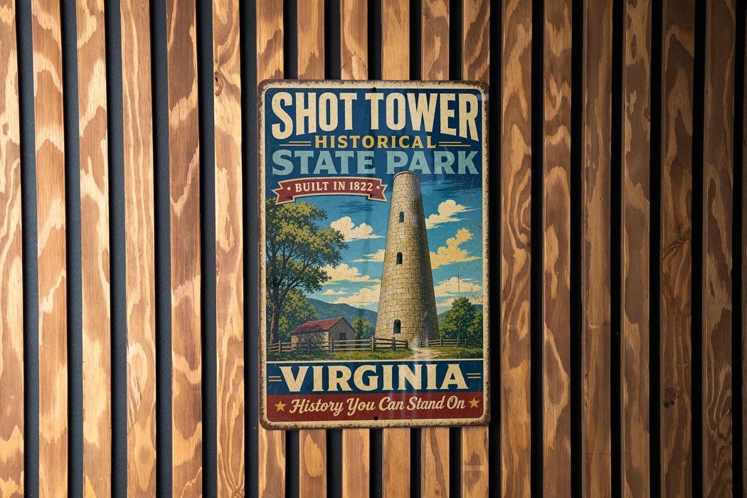 A vintage-style metal sign for Shot Tower State Park in Virginia, featuring a tall tower and a rural landscape.