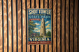 A vintage-style metal sign for Shot Tower State Park in Virginia, featuring a tall tower and a rural landscape.