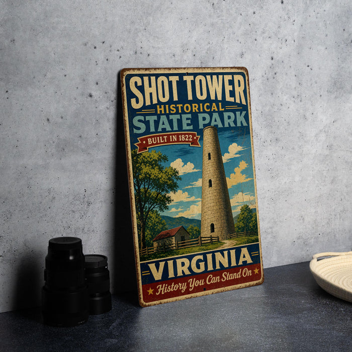 A vintage-style metal sign for Shot Tower Historical State Park in Virginia, featuring a tower and a rural landscape.
