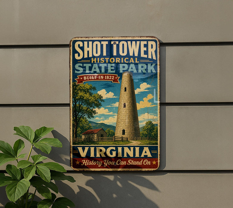A vintage-style sign for Shot Tower State Park in Virginia, featuring a tall tower surrounded by trees and a house, with the text "SHOT TOWER HISTORICAL STATE PARK BUILT IN 1822 VIRGINIA" and "History You Can Stand On" below.