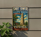 A vintage-style sign for Shot Tower State Park in Virginia, featuring a tall tower surrounded by trees and a house, with the text "SHOT TOWER HISTORICAL STATE PARK BUILT IN 1822 VIRGINIA" and "History You Can Stand On" below.