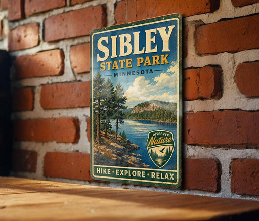 A vintage-style metal sign for Sibley State Park in Minnesota, featuring a scenic landscape with a lake and mountains.